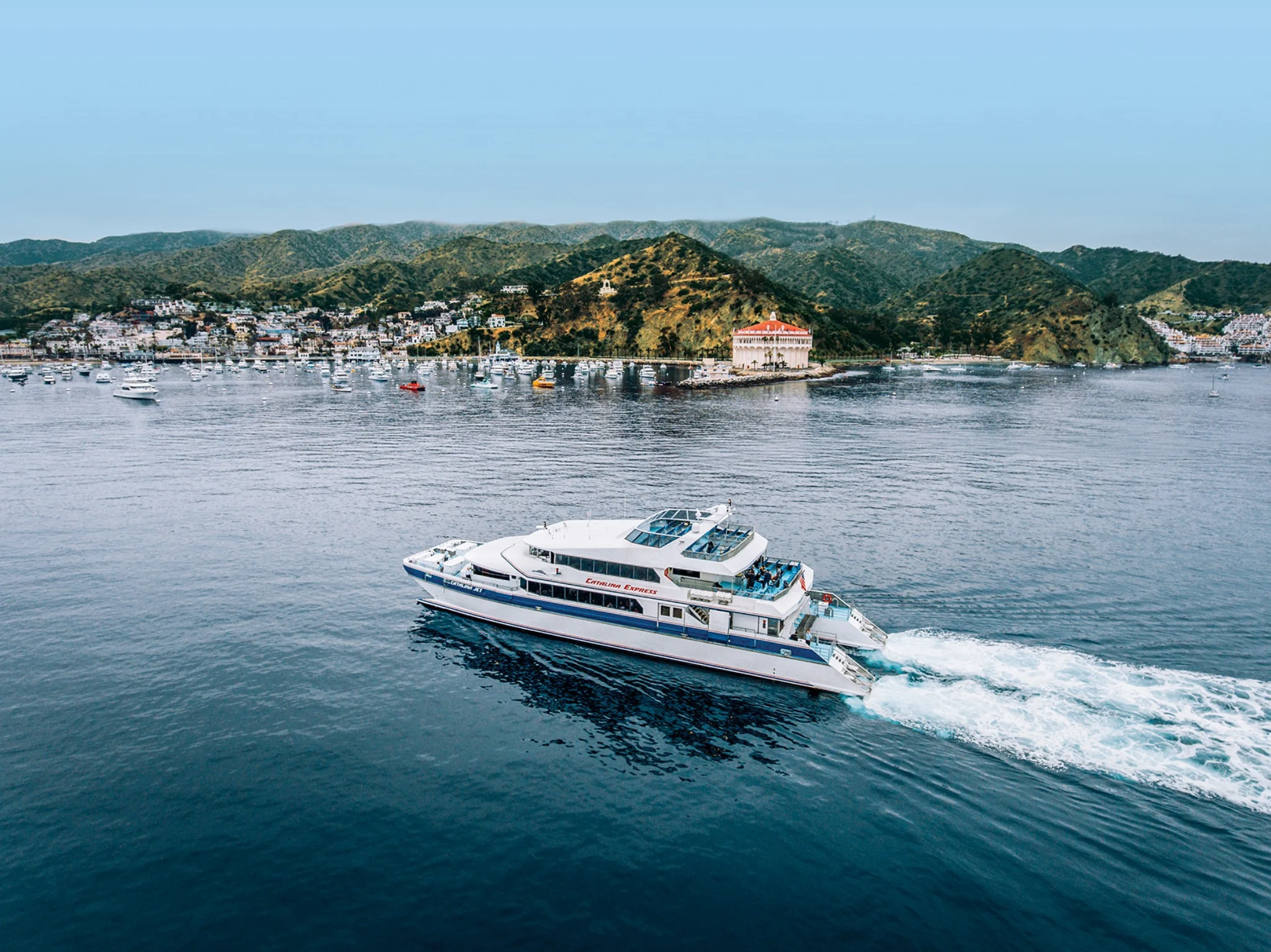 Aerial view of the ferry approaching Catalina Island